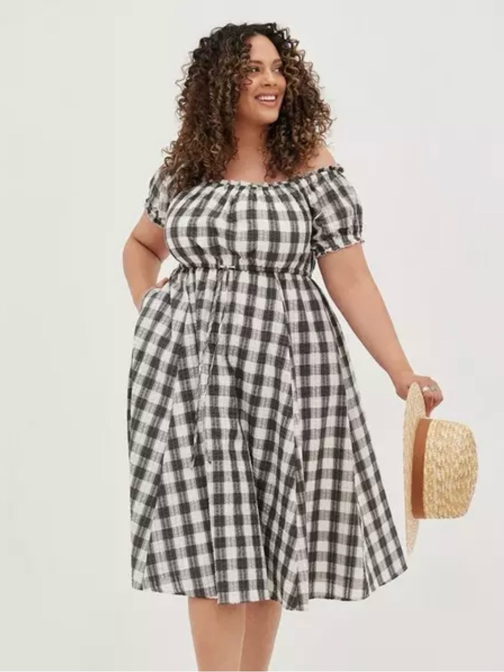 Torrid Plus Size Black and White Gingham Off-Shoulder Midi Dress-0
